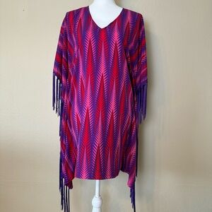 Purple and Red Patterned Fringe Kaftan Mini Dress